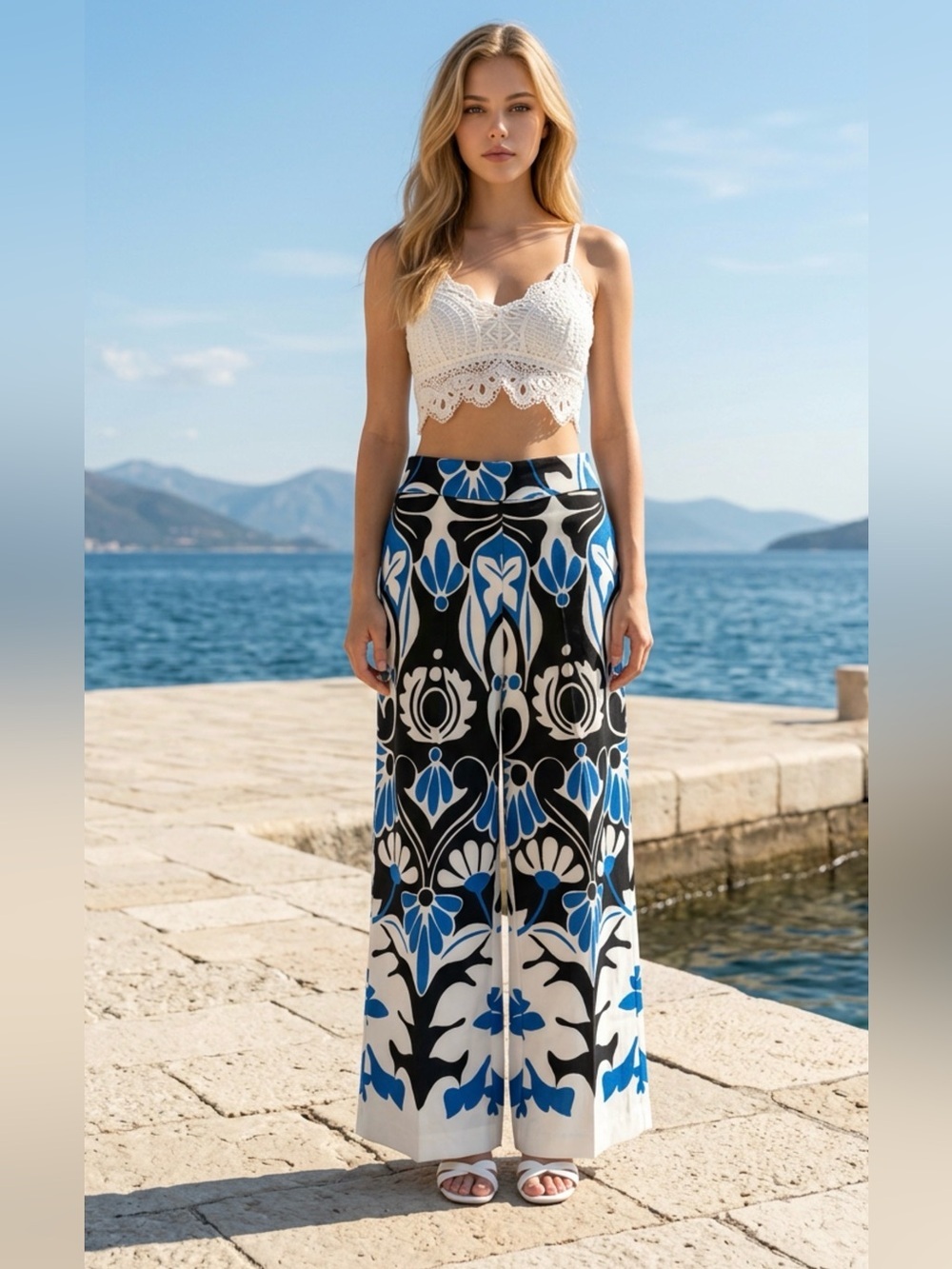 Zara Black, Blue & White Maxi Pants with Graphic Floral Print